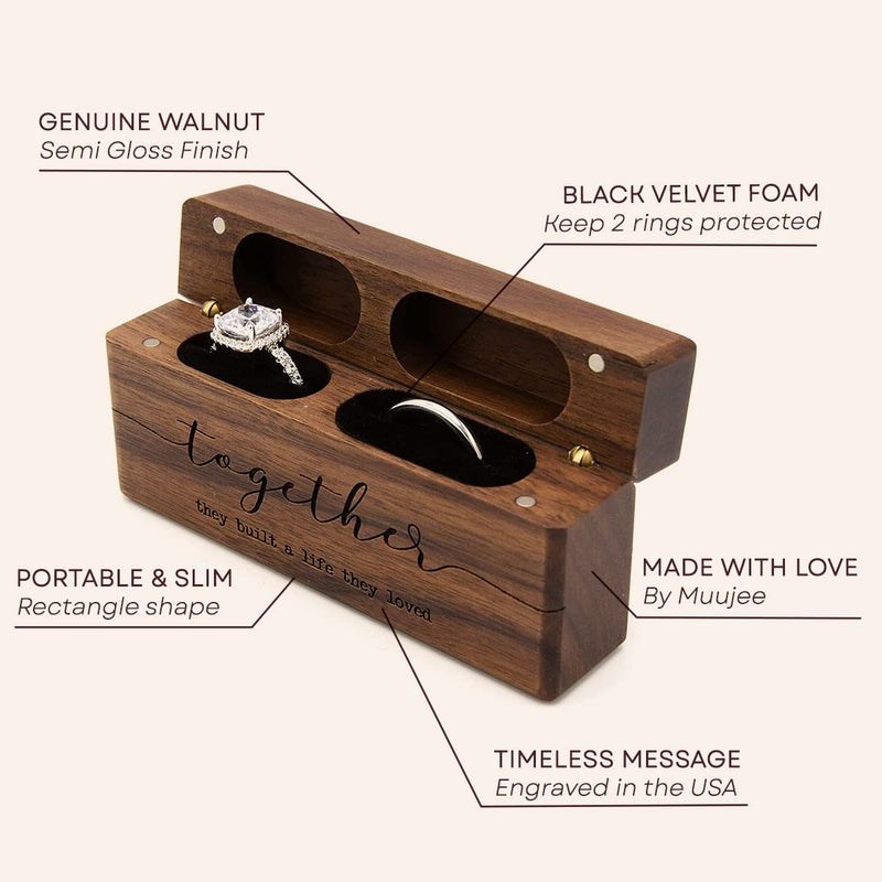 MUUJEE Together Wide Double Ring Box - Engraved Slim Wooden Ring Case Box for Wedding Ceremony Engagement Proposal Ring Bearer Box - Anniversary Birthday Gift Ideas (Together) - Image 2