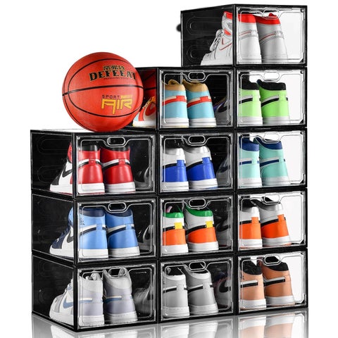 INSTY 12 Pack Large Shoe Storage Box Clear Shoe Storage Organizer with Magnetic Door StackableShoe Containers For Display Sneakers Easy Assembly Fit up to US Size 12Transparent