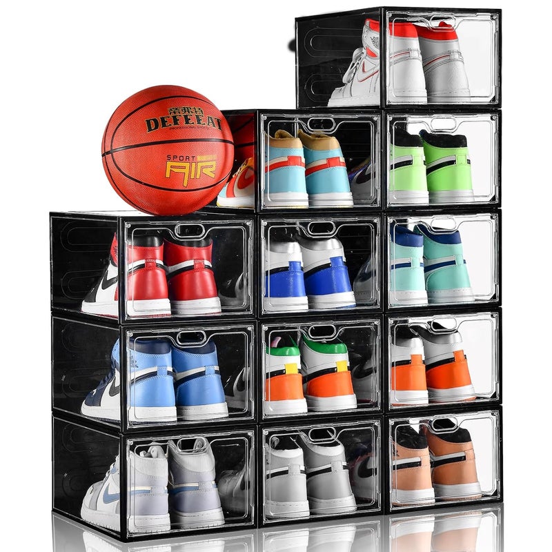 INSTY INSTY 12 Pack Large Shoe Storage Box Clear Shoe Storage Organizer with Magnetic Door StackableShoe Containers For Display Sneakers Easy Assembly Fit up to US Size 12Transparent 