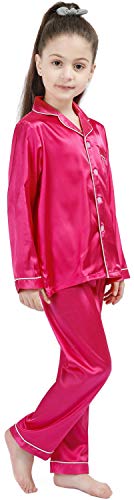OEIU Kid Silky Satin Pajamas Set for Girls Boys pj Set Sleepwear Button-up Lounge Sets Nightwear Rose 150 - Image 3