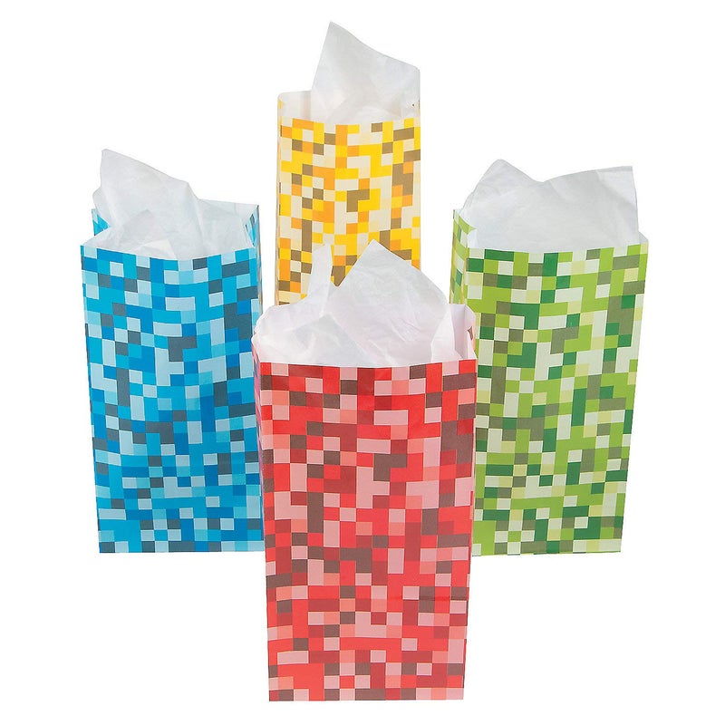 Fun Express - Pixel Pattern Treat Bags - Party Supplies - Paper Treat Bags - 12 Pieces