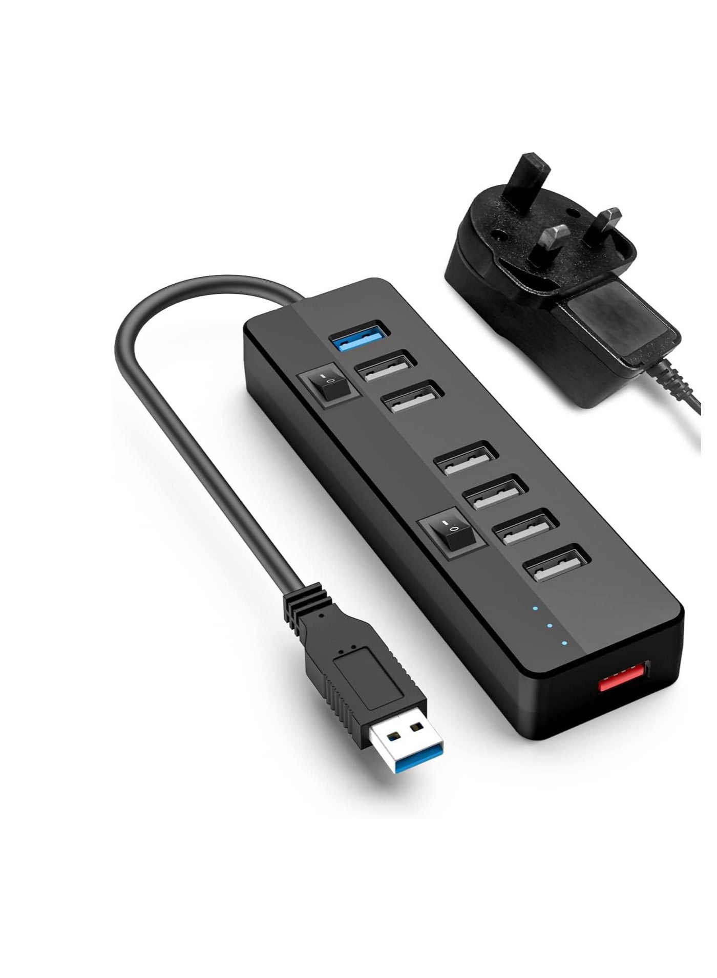 USB 3.0 Hub Powered With 10W Power Adapter,1 Port USB 3.0+ 6 Port USB 2.0 Data Hub Portable USB Splitter with Individual On/Off Switches for Mouse, Keyboard, Hard Drive and More USB Devices
