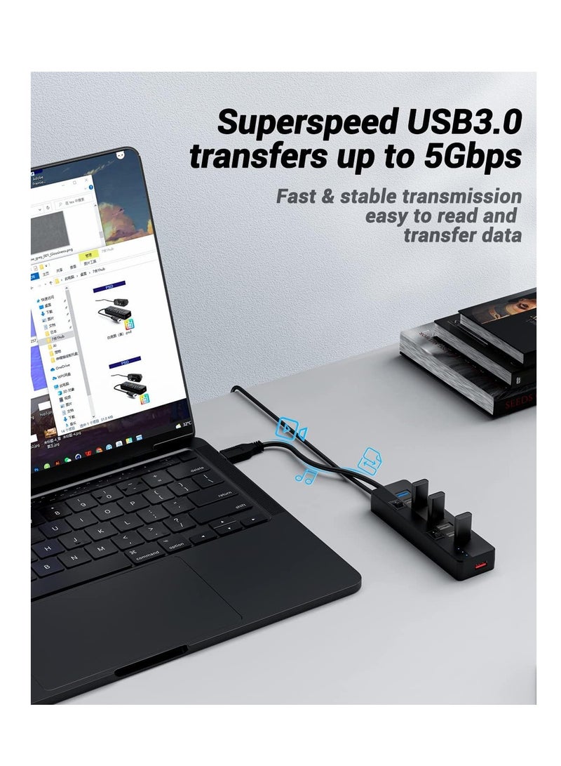 Excefore موزع USB 3.0 مزود بمحول طاقة 10 وات، منفذ USB 3.0+ 6 منافذ USB 2.0 موزع بيانات محمول مع مفاتيح تشغيل/إيقاف فردية للفأرة ولوحة المفاتيح والقرص الصلب والمزيد من أجهزة USB - Image 2