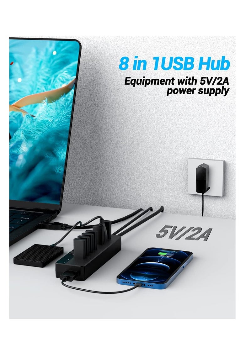 Excefore موزع USB 3.0 مزود بمحول طاقة 10 وات، منفذ USB 3.0+ 6 منافذ USB 2.0 موزع بيانات محمول مع مفاتيح تشغيل/إيقاف فردية للفأرة ولوحة المفاتيح والقرص الصلب والمزيد من أجهزة USB - Image 3
