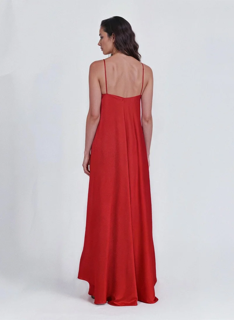 جانارا جونز Coral Red Mariella Satin Maxi Dress