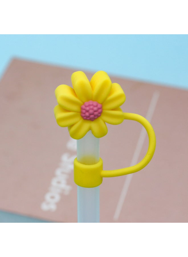 Silicone Straw Cap 8-10mm Cute Flower Doll Dust Cap Can Be Recycled Straw Plug-Color:Silicone Chrysanthemum-yellow Powder 10mm-Specifications:Bagged Without Straw - Image 1