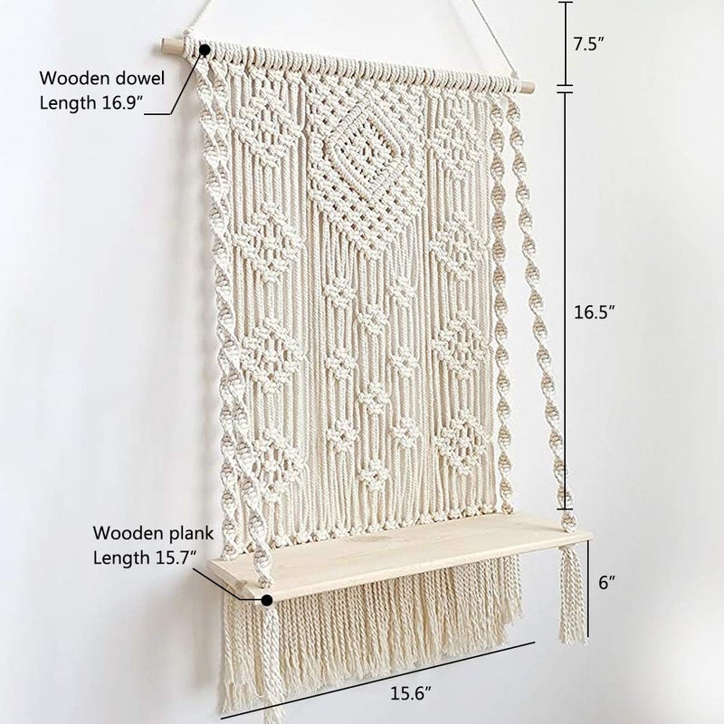 AMIAEDU Macrame Wall Hanging Shelf, Handmade Indoor Boho Pot Basket Hanger Holder, Rope Plant Hanger for Wall Decor (White) - Image 3