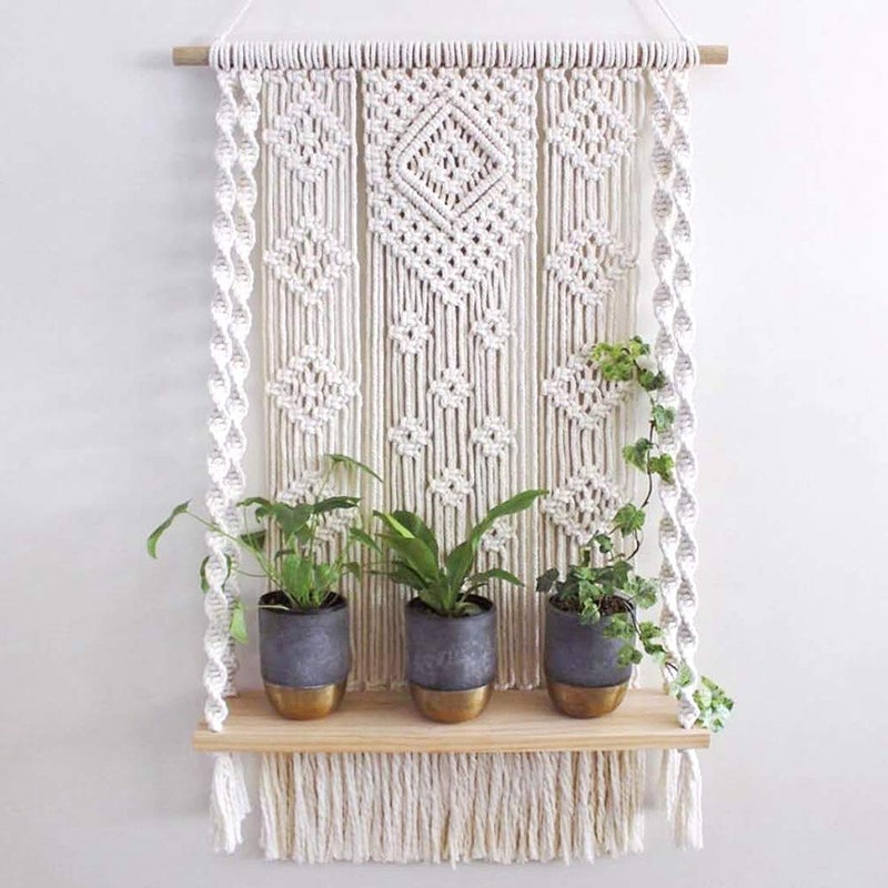 AMIAEDU Macrame Wall Hanging Shelf, Handmade Indoor Boho Pot Basket Hanger Holder, Rope Plant Hanger for Wall Decor (White) - Image 1