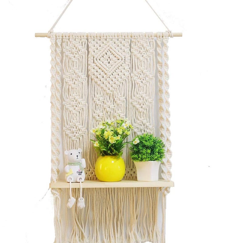 AMIAEDU Macrame Wall Hanging Shelf, Handmade Indoor Boho Pot Basket Hanger Holder, Rope Plant Hanger for Wall Decor (White) - Image 5