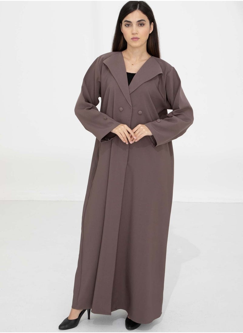 MSquare Fashion Brown Barbie Crepe Abaya with Lapel Collar and Button Detailing  - Image 1