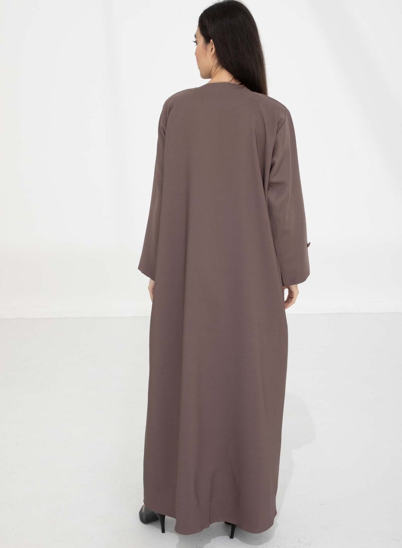 MSquare Fashion Brown Barbie Crepe Abaya with Lapel Collar and Button Detailing  - Image 3