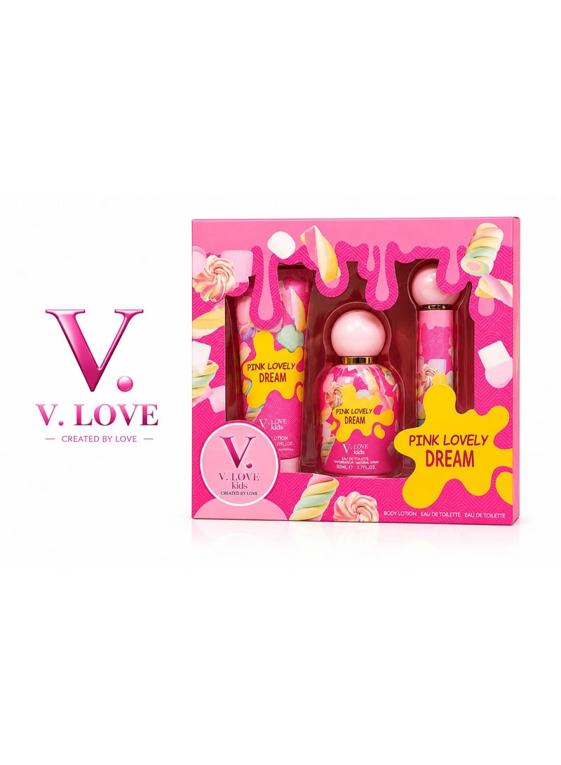 في في لوف مجموعة V.V. LOVE Kids Pink Lovely Dream للعناية بالجسم (لوشن جسم 50 مل، عطر أو دو تواليت 50 مل، عطر أو دو تواليت إضافي) - Image 2