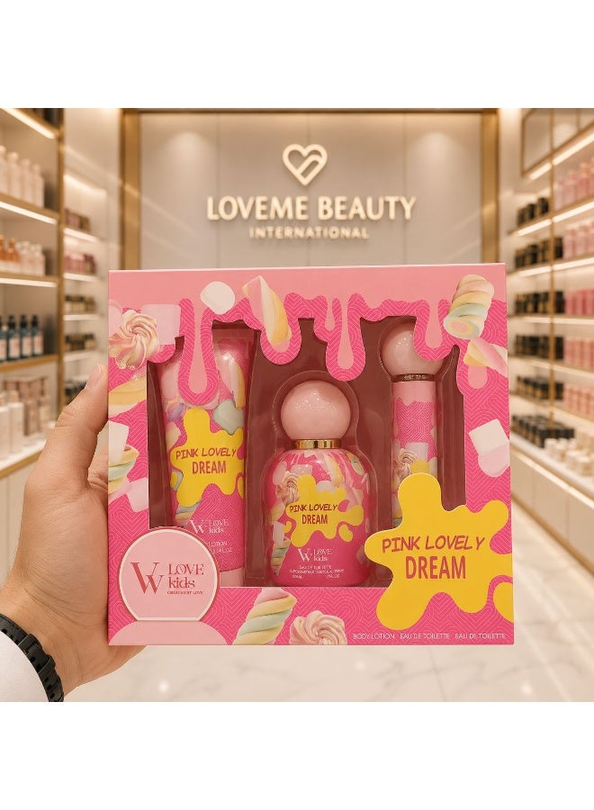 في في لوف مجموعة V.V. LOVE Kids Pink Lovely Dream للعناية بالجسم (لوشن جسم 50 مل، عطر أو دو تواليت 50 مل، عطر أو دو تواليت إضافي) - Image 1