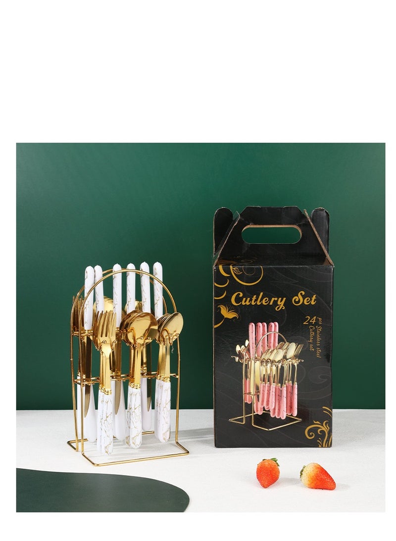 XiuWoo 24 Piece Ceramics Stainless Steel Flatware Set with Knife Spoon Fork  - Image 2