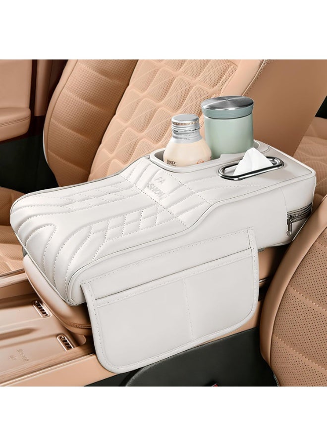 Soofam Car Center Console Armrest Pillow, 13.4"×7.5"×2" Leather Auto Arm Rest Cover with Pocket & Tissue Box & Cup Holder, Multifunctional Vehicle Armrest Cushion Pad, Car Accessories (White) - Image 1