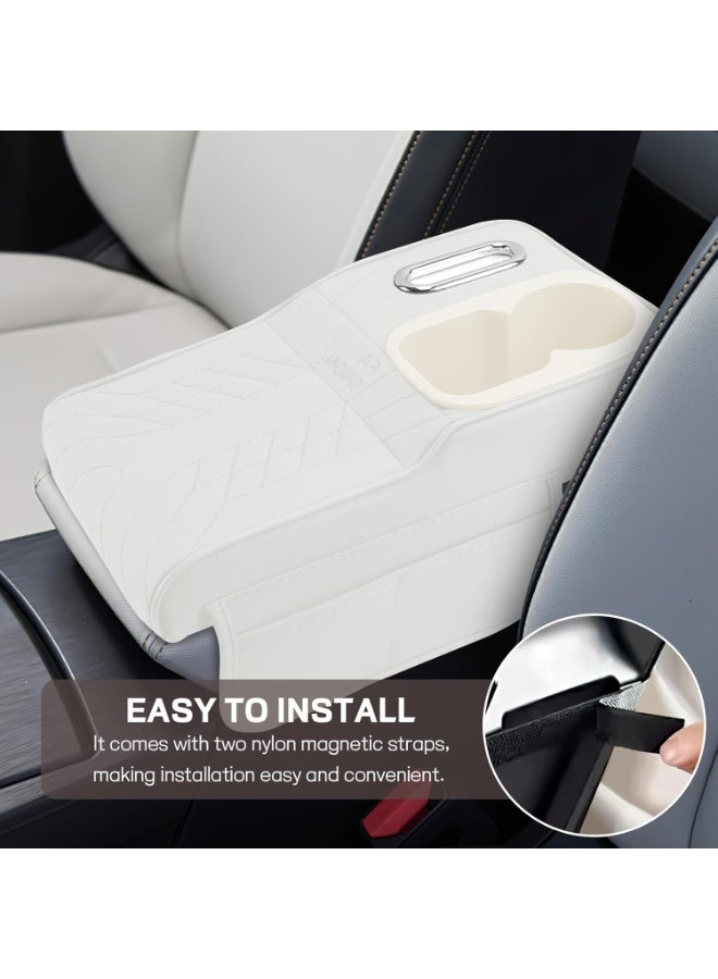 Soofam Car Center Console Armrest Pillow, 13.4"×7.5"×2" Leather Auto Arm Rest Cover with Pocket & Tissue Box & Cup Holder, Multifunctional Vehicle Armrest Cushion Pad, Car Accessories (White) - Image 5