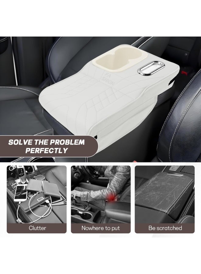 Soofam Car Center Console Armrest Pillow, 13.4"×7.5"×2" Leather Auto Arm Rest Cover with Pocket & Tissue Box & Cup Holder, Multifunctional Vehicle Armrest Cushion Pad, Car Accessories (White) - Image 4