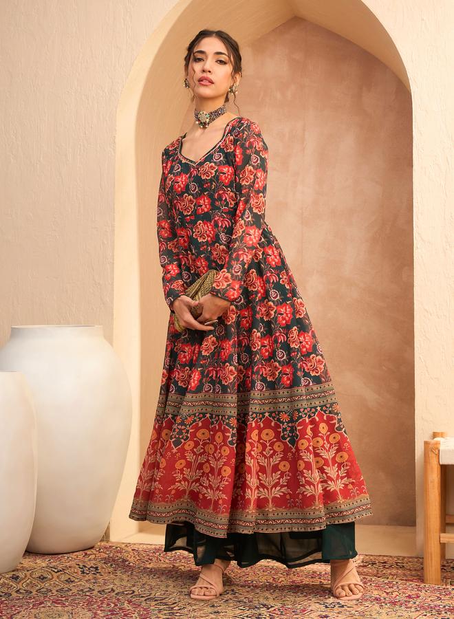 ساسافراس أناركالي كورتا بياقة على شكل قلب وزهور متعددة - Image 1