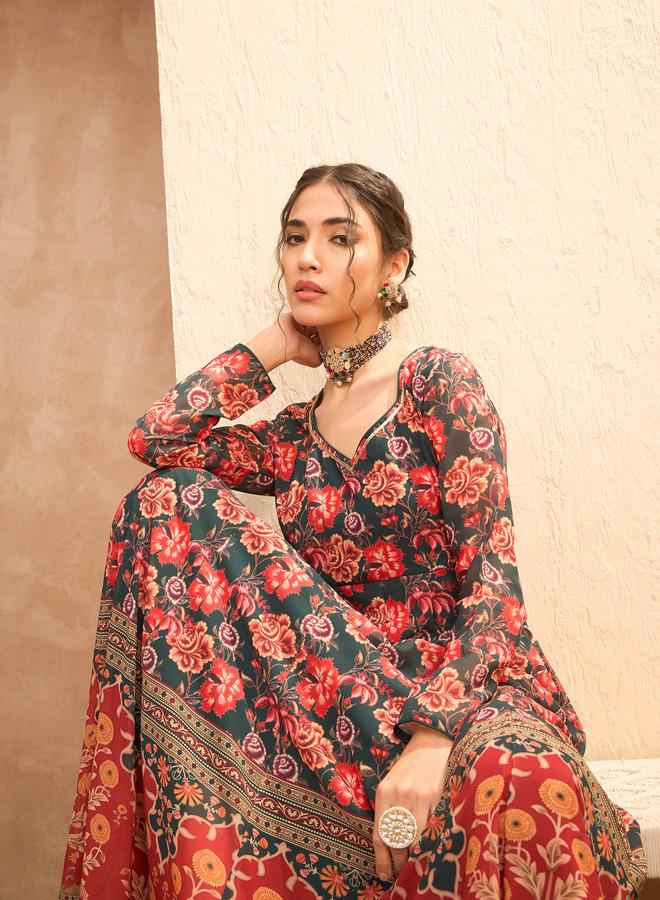 ساسافراس أناركالي كورتا بياقة على شكل قلب وزهور متعددة - Image 2