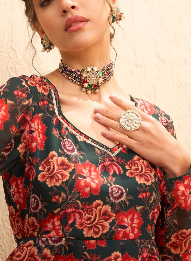 ساسافراس أناركالي كورتا بياقة على شكل قلب وزهور متعددة - Image 4