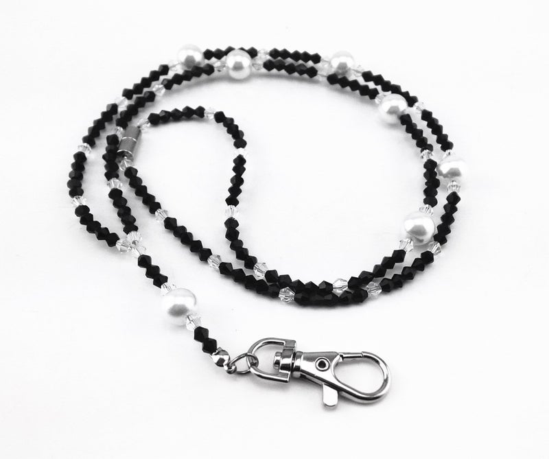 Honbay Super Slim Fashion Black Beaded White Pearl Lanyard Neck Strap with Lobster Clasp for ID Tags, Name Card, Business ID Card Holder, Badge Reel - Image 2