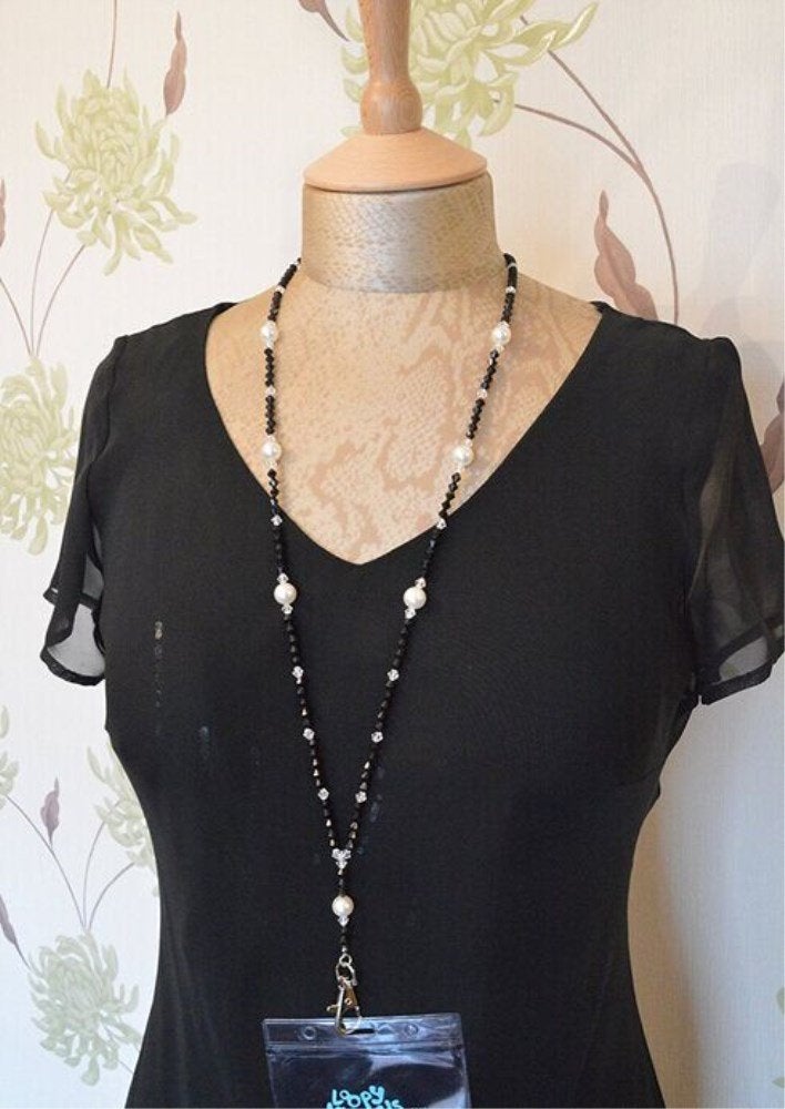 Honbay Super Slim Fashion Black Beaded White Pearl Lanyard Neck Strap with Lobster Clasp for ID Tags, Name Card, Business ID Card Holder, Badge Reel - Image 4