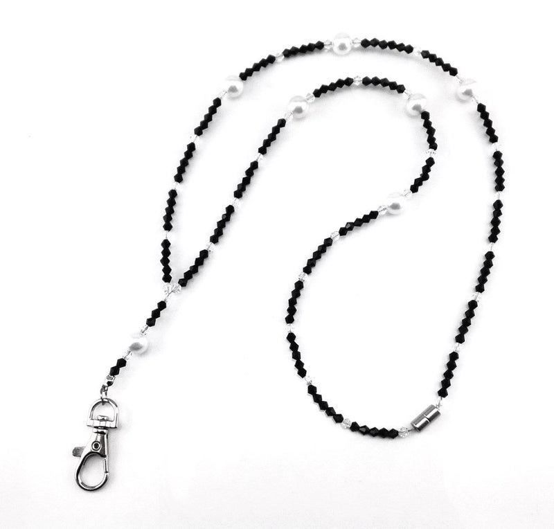 Honbay Super Slim Fashion Black Beaded White Pearl Lanyard Neck Strap with Lobster Clasp for ID Tags, Name Card, Business ID Card Holder, Badge Reel - Image 1