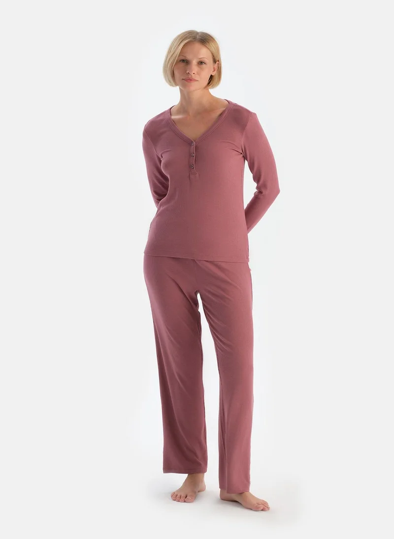 داجي T-shirt & Trousers Pajama Set V Neck Cotton Blend Mid Rise Sleepwear