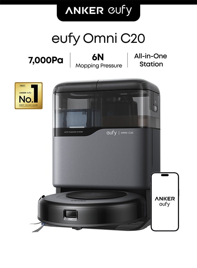 eufy Omni C20 Robot Vacuum Cleaner with Mop, All-in-One Station, 7,000 Pa, 3.35-Inch Ultra-Slim Body, Auto Emptying, Mop Washing and Drying for Hands-Free Cleaning, Mop Lifting and Carpet Detection 40 W T2280 Black - Image 1