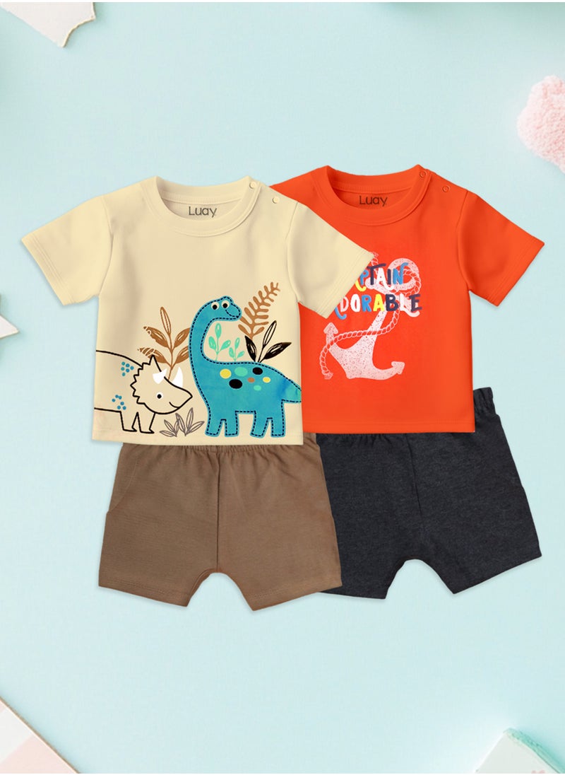 LUAY - 100% Organic Cotton Baby Boy & Girls Clothing Set Short Sleeve Kids Clothes Boys & Girls Toddler Short Set Cute Animal Print Combo Pack Of 2 Top and Shorts Outfit For New born - Image 1