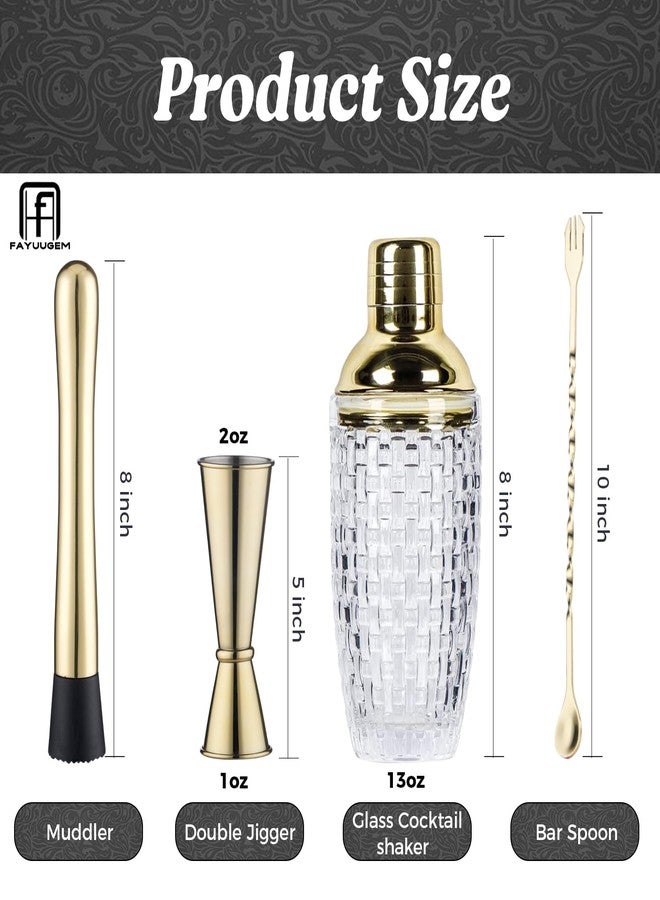 FayuuGem Gold Cocktail Shaker Set - 13oz Glass Mixing Kit with Secure Seal Lid & 4 Bar Tools, Home Bartender Essentials for Drinks and Gifts - Image 2