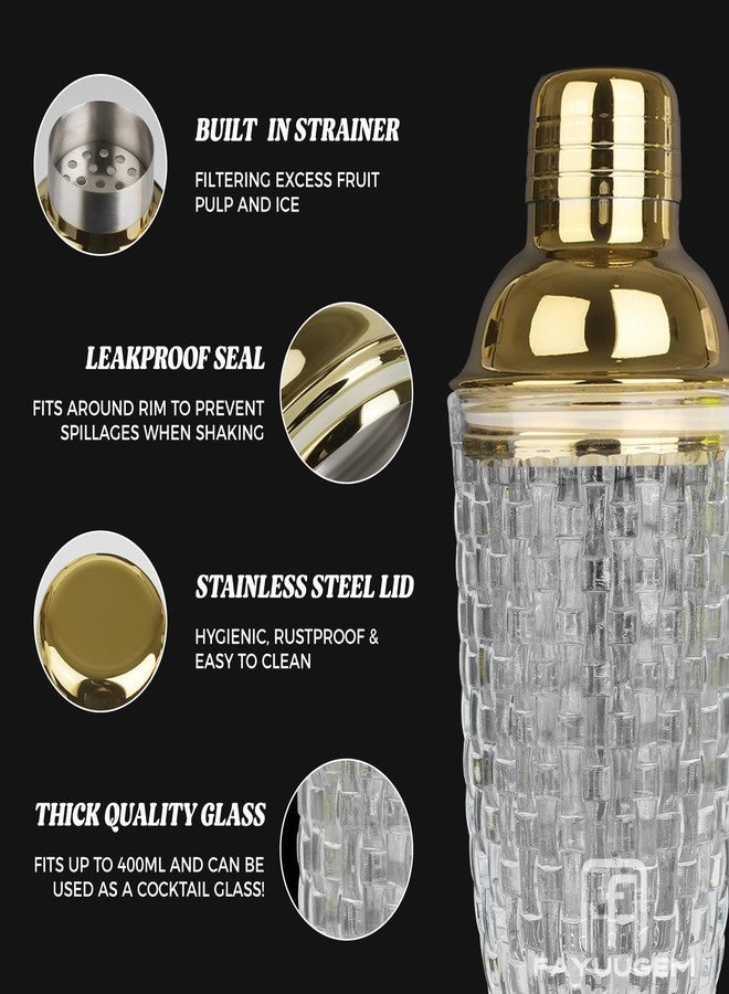 FayuuGem Gold Cocktail Shaker Set - 13oz Glass Mixing Kit with Secure Seal Lid & 4 Bar Tools, Home Bartender Essentials for Drinks and Gifts - Image 3