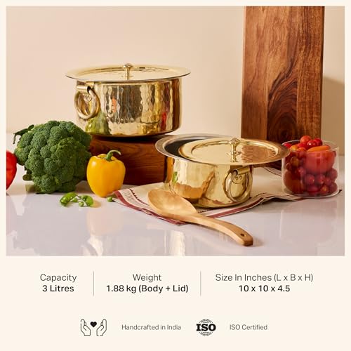 P-TAL Brass Stock Pot with Lid Naturally Nonstick and Toxin Free Pasta Pot Multipurpose Cooking Pot, PFOA and PTFE Free (3.2 Quart) - Image 2