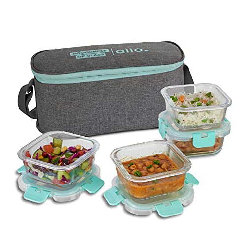 Allo FoodSafe Glass Lunch Box with Break Free Detachable Lock, Microwave & Oven Safe, Borosilicate Glass Container, Office Tiffin with Canvas Grey Bag, Set of 4,310ml, Square - Image 1