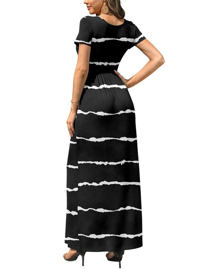 DB MOON Women's 2022 Casual Summer Maxi Dresses Short Sleeve Empire Waist Long Dress with Pockets, A-stripe Black, M - Image 4
