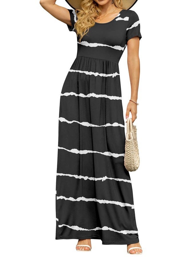 DB MOON Women's 2022 Casual Summer Maxi Dresses Short Sleeve Empire Waist Long Dress with Pockets, A-stripe Black, M - Image 5
