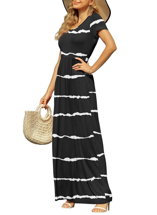 DB MOON Women's 2022 Casual Summer Maxi Dresses Short Sleeve Empire Waist Long Dress with Pockets, A-stripe Black, M - Image 3