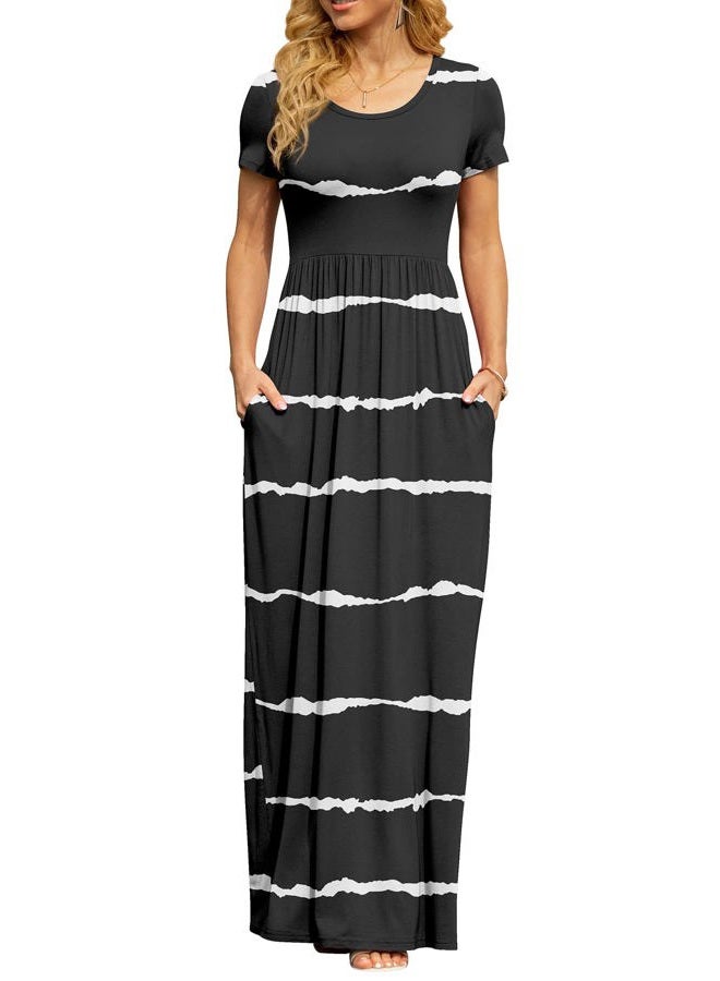 DB MOON Women's 2022 Casual Summer Maxi Dresses Short Sleeve Empire Waist Long Dress with Pockets, A-stripe Black, M - Image 2