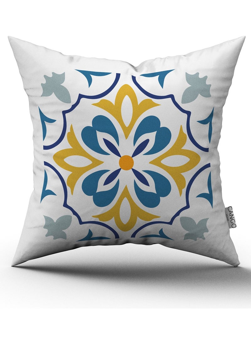 Cango Home White Blue Modern Ethnic Tile Patterned Digital Printed Throw Pillow Cover 