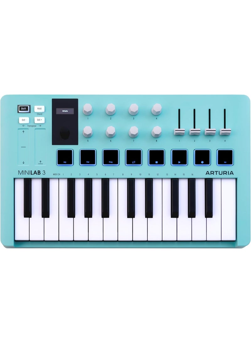 Arturia MiniLab 3 25-Key USB MIDI Keyboard Controller with 8 Pads and 8 Knobs, Aquamarine - Image 1