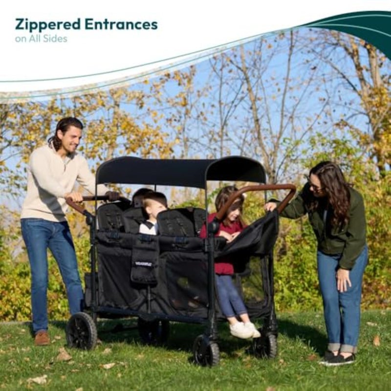 W6 Luxe Pro Stroller Wagon 6 Seater - Collapsible Wagon Stroller with Seats Featuring 5-Point Safety Harnesses and Adjustable Sun Canopy, Jet Black - Image 4