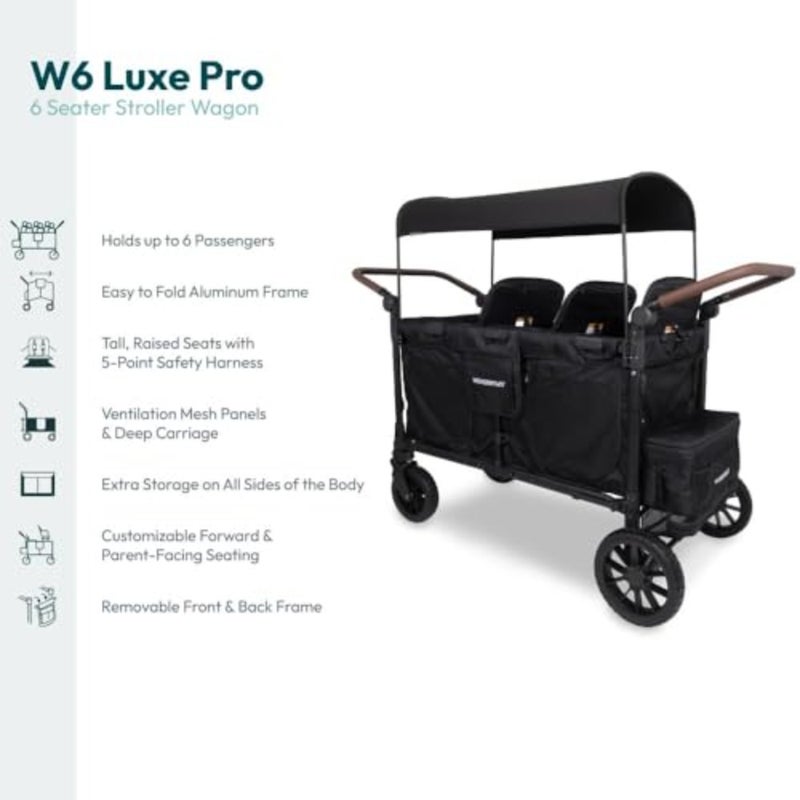 W6 Luxe Pro Stroller Wagon 6 Seater - Collapsible Wagon Stroller with Seats Featuring 5-Point Safety Harnesses and Adjustable Sun Canopy, Jet Black - Image 3
