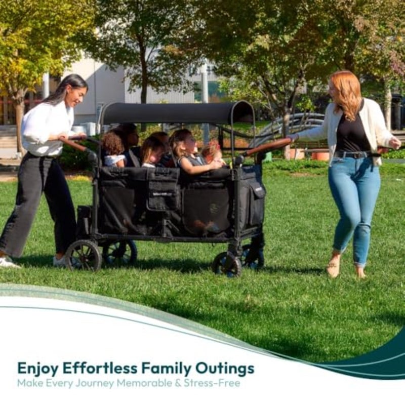 W6 Luxe Pro Stroller Wagon 6 Seater - Collapsible Wagon Stroller with Seats Featuring 5-Point Safety Harnesses and Adjustable Sun Canopy, Jet Black - Image 2