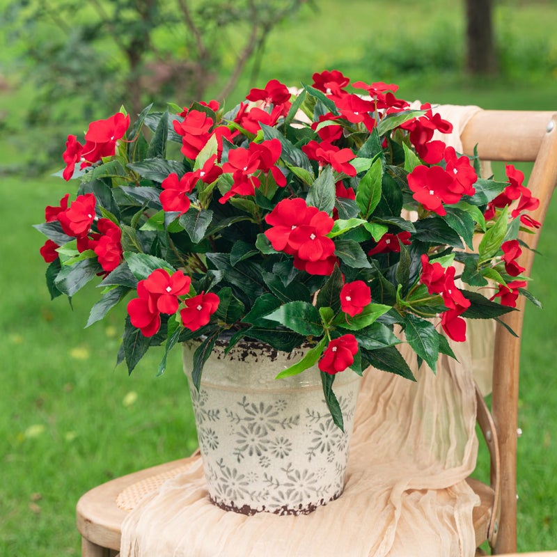 Uqueeten Artificial Impatiens Bouquet Flowers for Outdoors Silk Faux Flowers for Outdoor Impatiens Plants Decor Indoor Planters Kitchen Planters and Balcony Decorations 4PCS Red