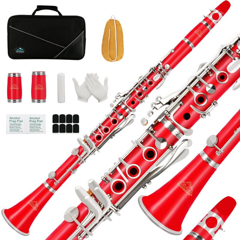 EASTROCK Bb Flat 17 Nickel Keys Red Student Clarinet for Beginner with Hard Case and Cleaning Kit