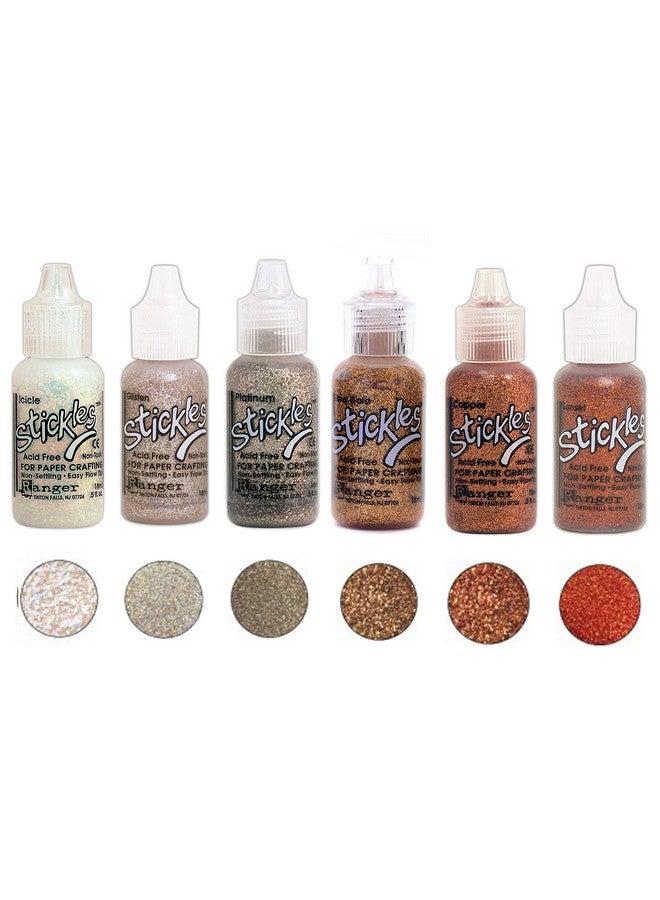 Stickles Glitter Glue Bundle A "Flicker" - Six .5 Fl Oz Bottles - Icicle, Glisten, Platinum, Rose Gold, Copper, And Sunset