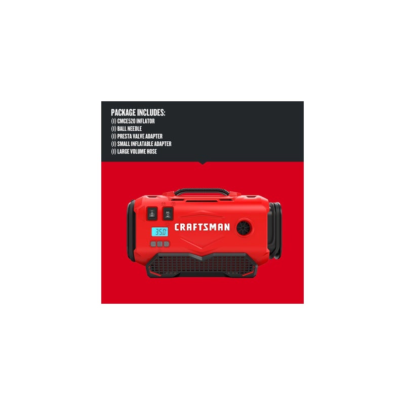 CRAFTSMAN ضاغط هواء محمول CRAFTSMAN V20 لضخ الإطارات، مضخة هواء للسيارة، 3 أوضاع لضخ الإطارات: لاسلكي، 120 فولت سلكي، ومحول سيارة 12 فولت، البطارية تباع بشكل منفصل (CMCE520B) - Image 3