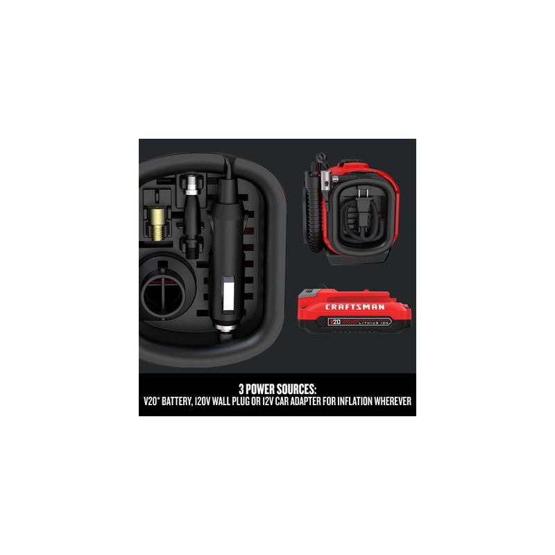 CRAFTSMAN ضاغط هواء محمول CRAFTSMAN V20 لضخ الإطارات، مضخة هواء للسيارة، 3 أوضاع لضخ الإطارات: لاسلكي، 120 فولت سلكي، ومحول سيارة 12 فولت، البطارية تباع بشكل منفصل (CMCE520B) - Image 4