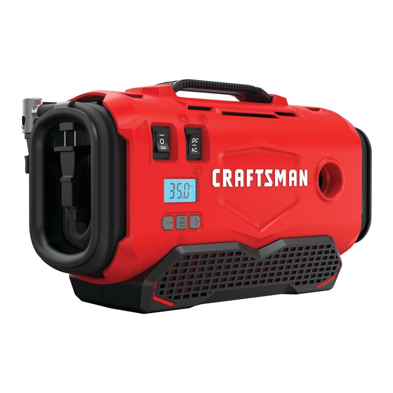 CRAFTSMAN ضاغط هواء محمول CRAFTSMAN V20 لضخ الإطارات، مضخة هواء للسيارة، 3 أوضاع لضخ الإطارات: لاسلكي، 120 فولت سلكي، ومحول سيارة 12 فولت، البطارية تباع بشكل منفصل (CMCE520B) - Image 1