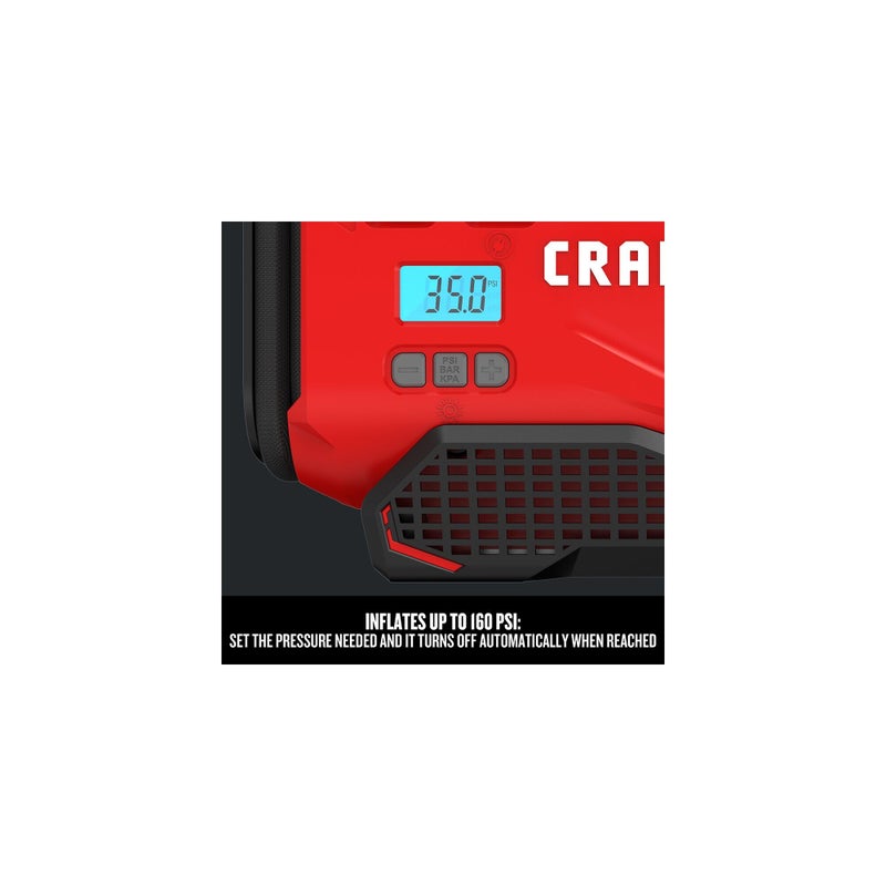 CRAFTSMAN ضاغط هواء محمول CRAFTSMAN V20 لضخ الإطارات، مضخة هواء للسيارة، 3 أوضاع لضخ الإطارات: لاسلكي، 120 فولت سلكي، ومحول سيارة 12 فولت، البطارية تباع بشكل منفصل (CMCE520B) - Image 5